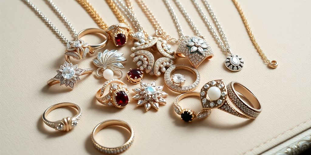 Collection de bijoux en or et pierres précieuses.
