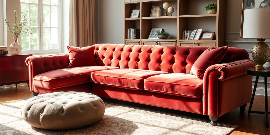 Luxurious velvet sofa in a stylish living room setting.