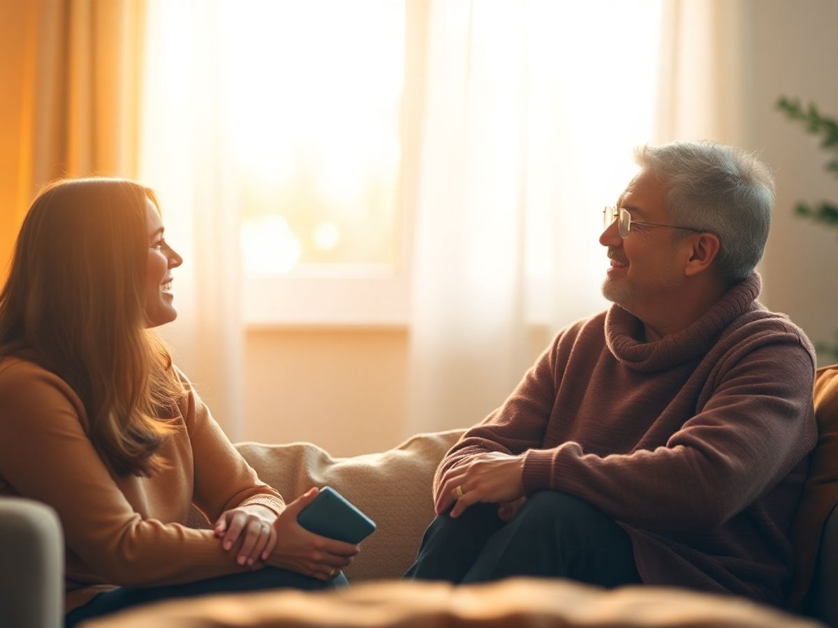 Două persoane discutând cu empatie într-un mediu confortabil.