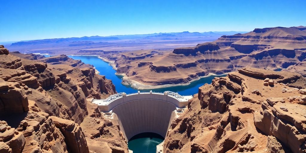 Aerial view of Hoover Dam and the Grand Canyon.