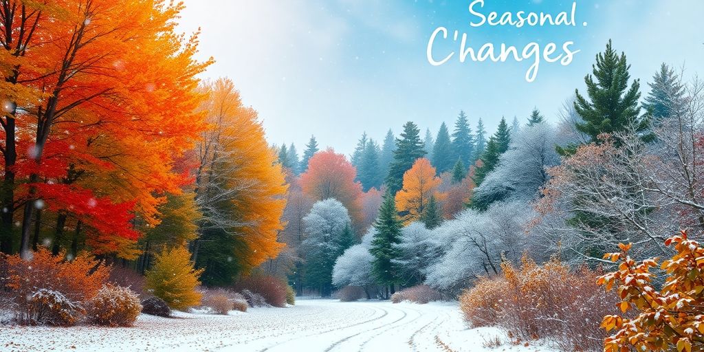 Autumn forest transitioning to winter snow scenery.