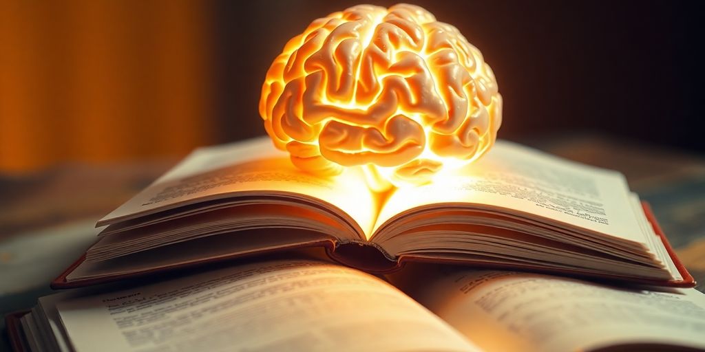 Glowing brain and open book.