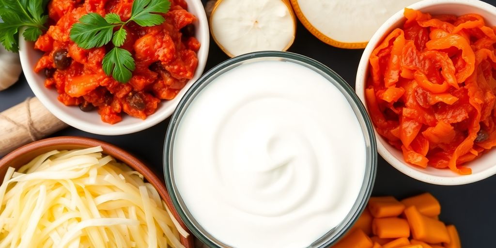 Various colorful fermented foods like kimchi, yogurt, and sauerkraut.