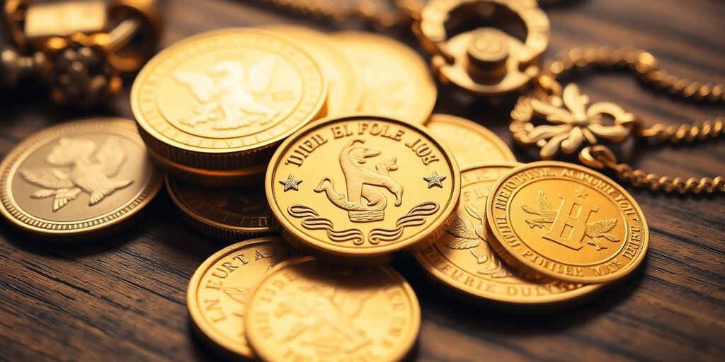 Pièces d'or et bijoux sur une table en bois.