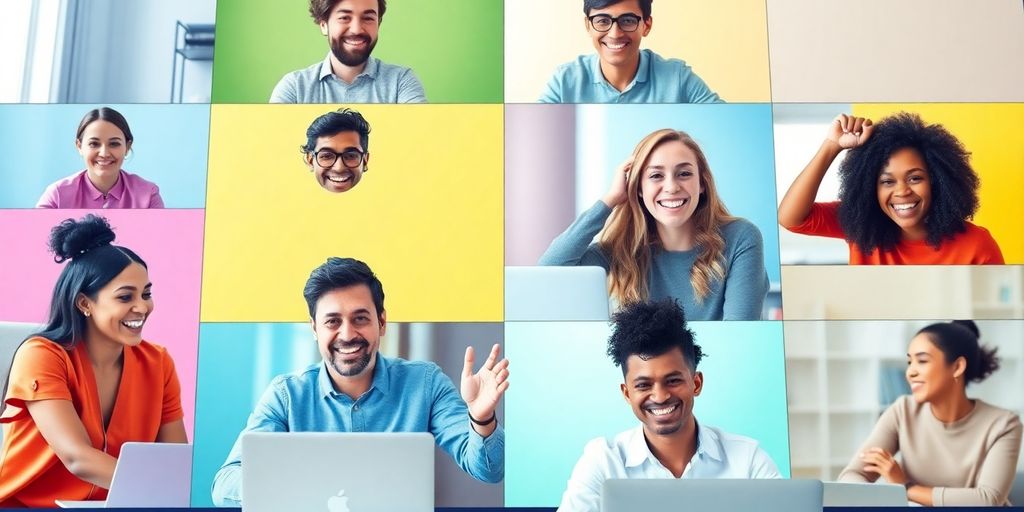 Diverse remote team enjoying fun online activities together.