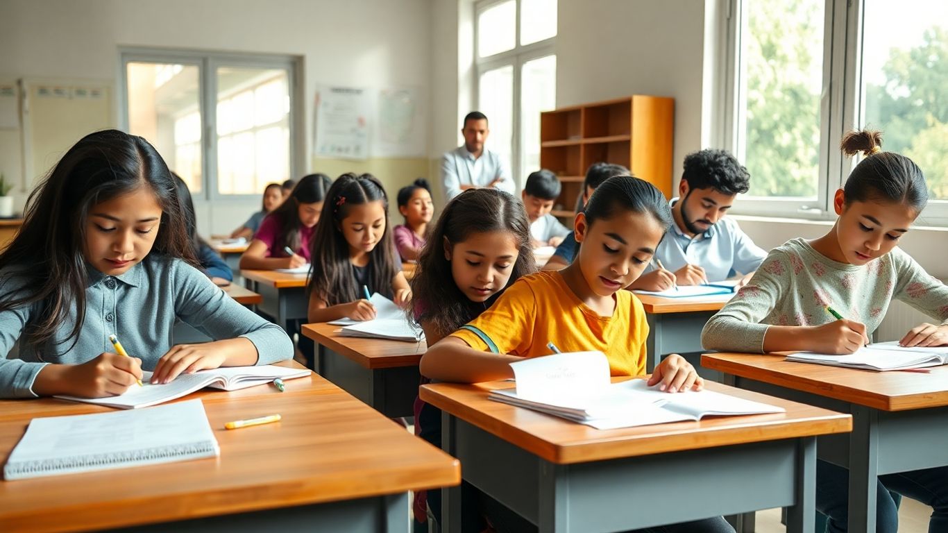 Students completing questionnaires in a well-lit classroom