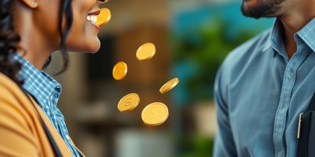 Customer talking with a smiling agent, money flowing.