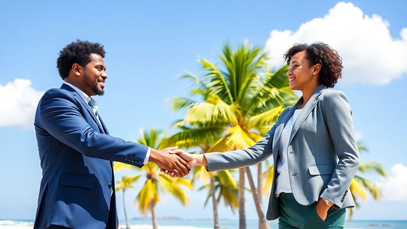 Two people shaking hands, palm trees in background.