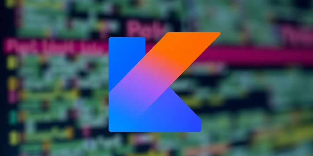 Kotlin logo on a tech-inspired background.