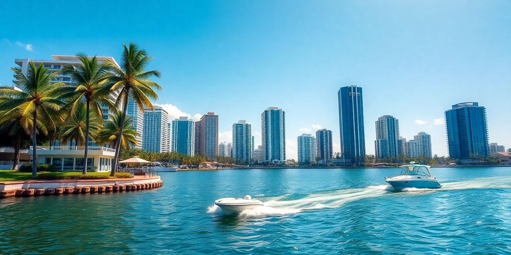 Aventura skyline, palm trees, blue sky, water, sunny day.