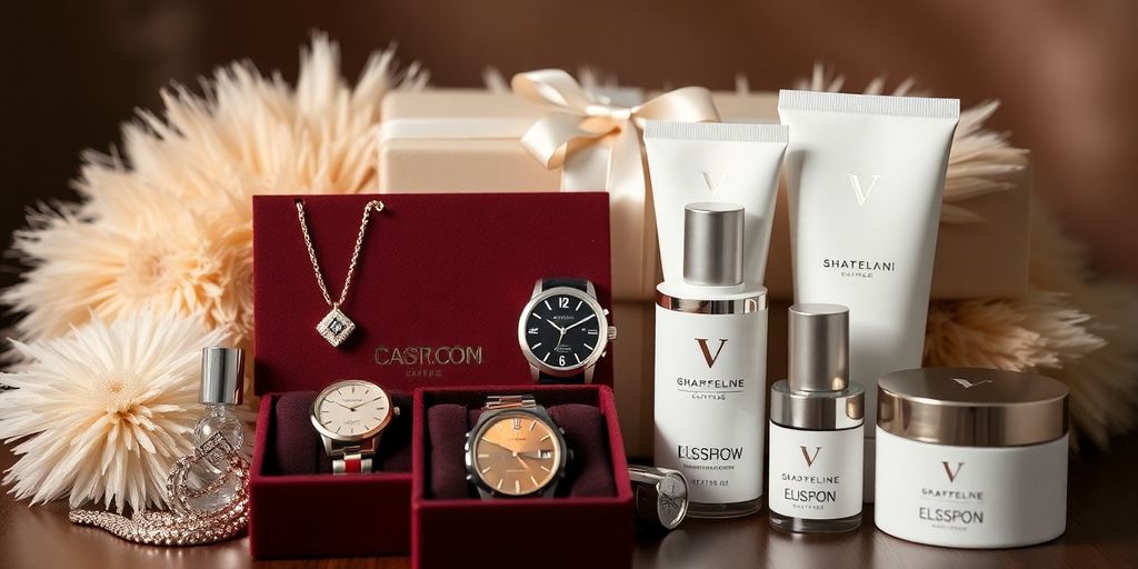Elegant luxury gifts arranged on a plush background.