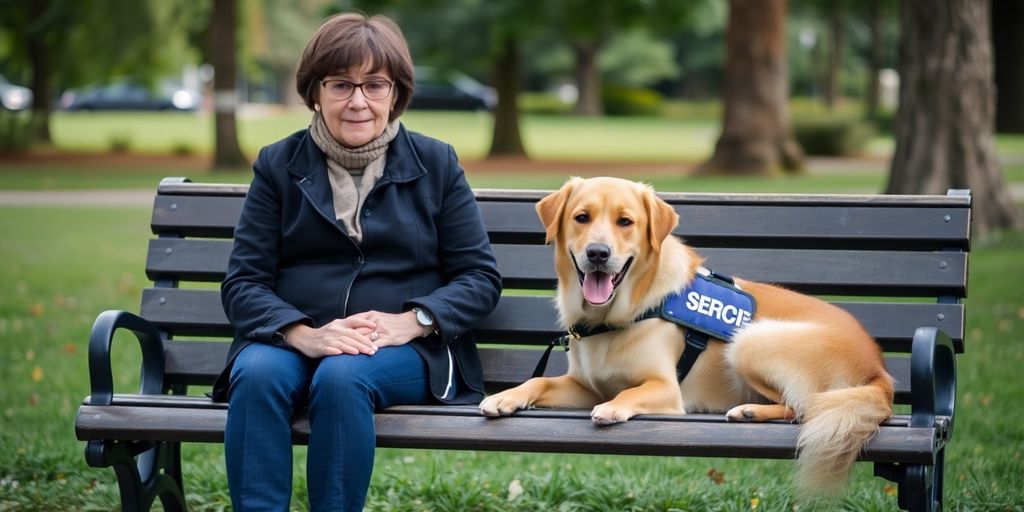 Person with a service dog in a peaceful park.