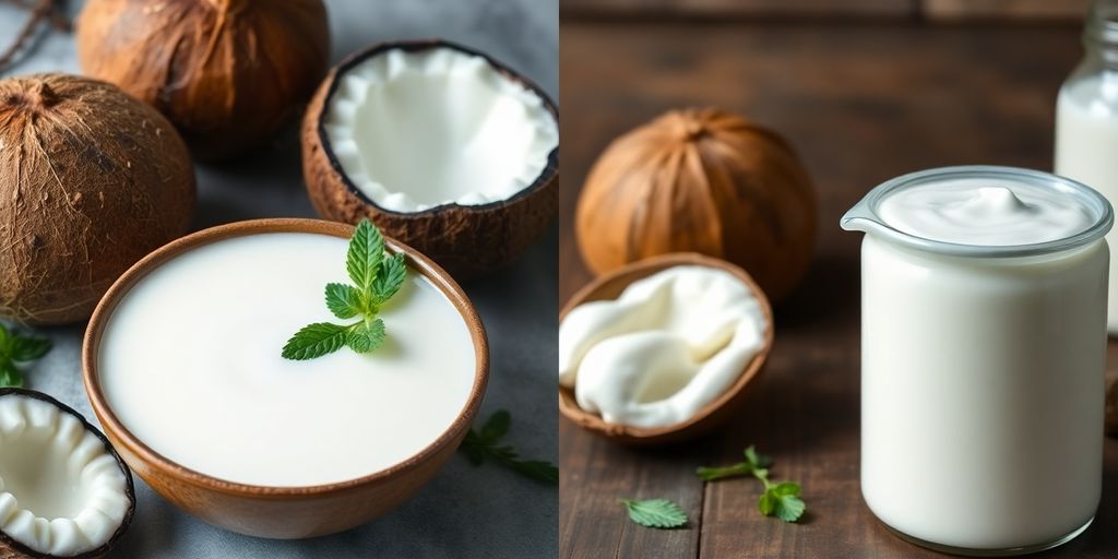 Coconut milk and heavy cream in contrasting bowls.
