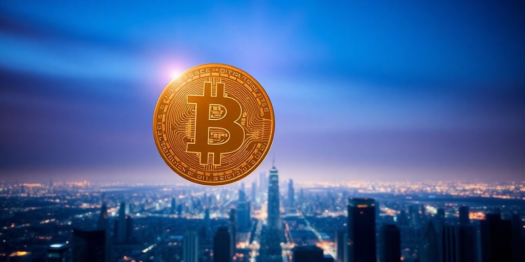 Golden Bitcoin coin floating above futuristic city.
