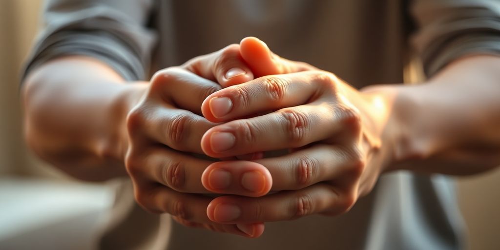Person holding hands, warm light, soft focus.