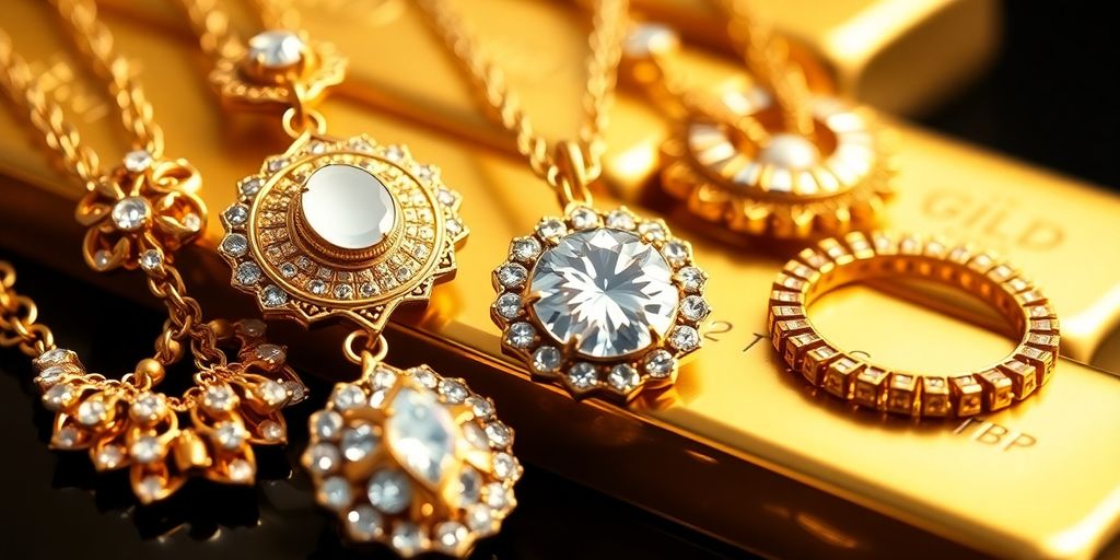 Bijoux en or avec des lingots en arrière-plan.