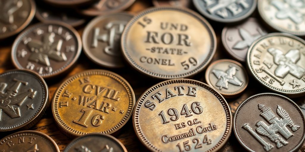 Civil War era coins on a wooden surface.