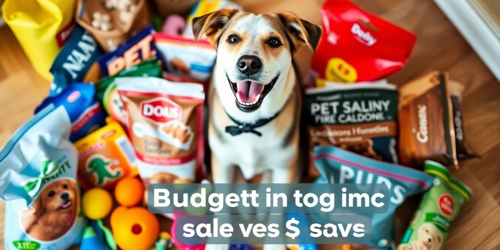 Happy dog with colorful pet supplies on wooden floor.