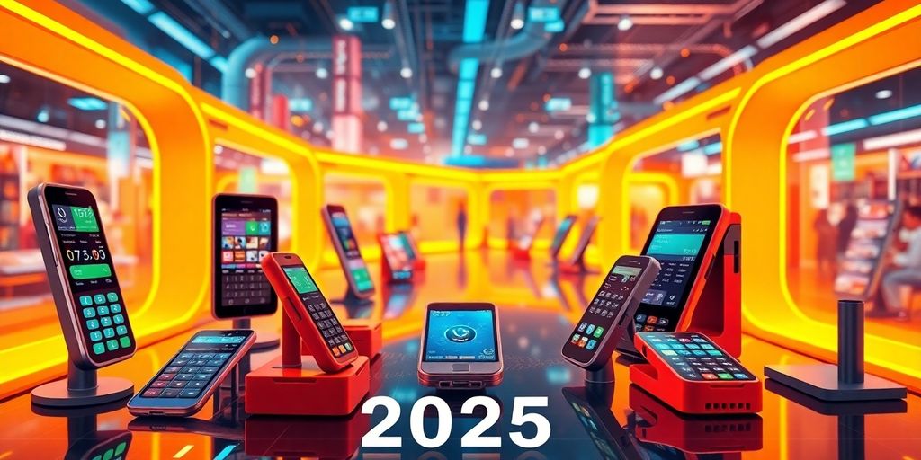 Futuristic payment devices in a dynamic digital landscape.