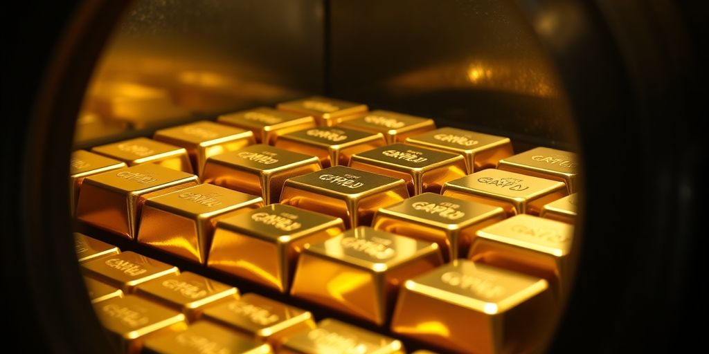 Lingots d'or empilés dans un coffre-fort sécurisé, lumière douce.