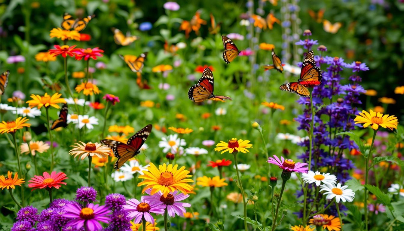Butterflies in a colorful flower garden