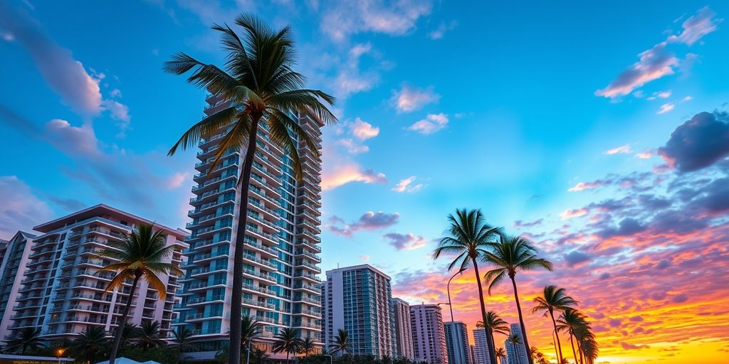 Luxury beachfront condos with palm trees at sunset.