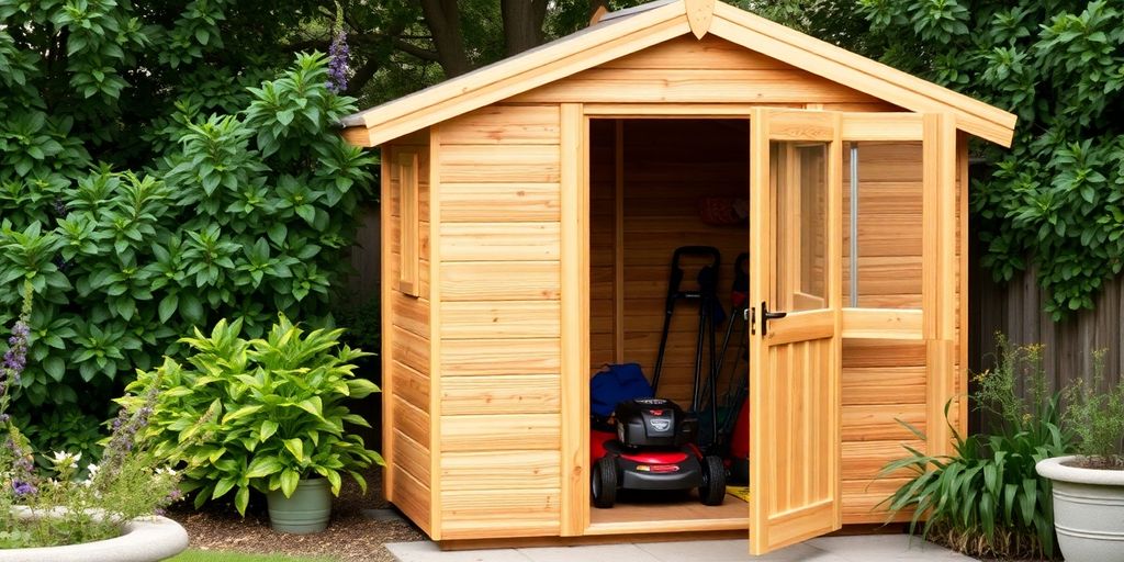 Compact wooden lawn mower shed in a lush backyard setting.