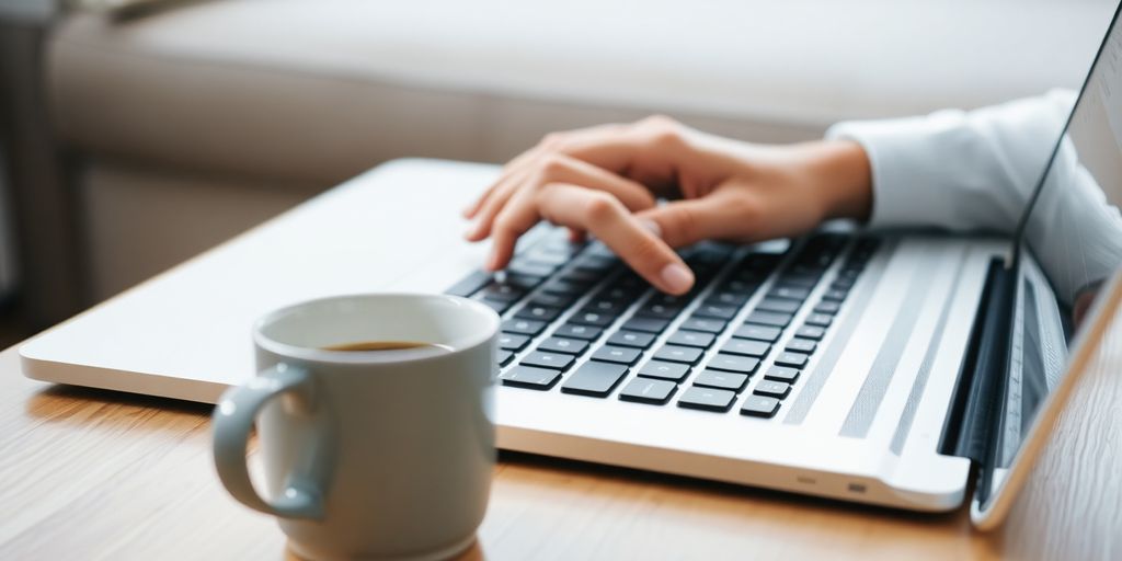 Writer typing on laptop, coffee nearby