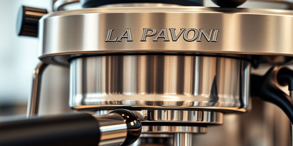 La Pavoni espresso machine with gleaming stainless steel body.