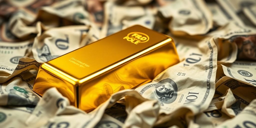 Barre d'or sur des billets froissés.