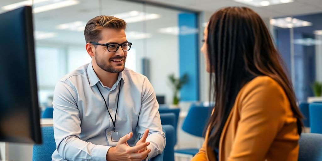 Personalvermittlung aus Bewerbersicht: 5 Vorteile auf einen Blick Büro-Szene mit Vorstellungsgespräch zwischen Recruiter und Kandidat.