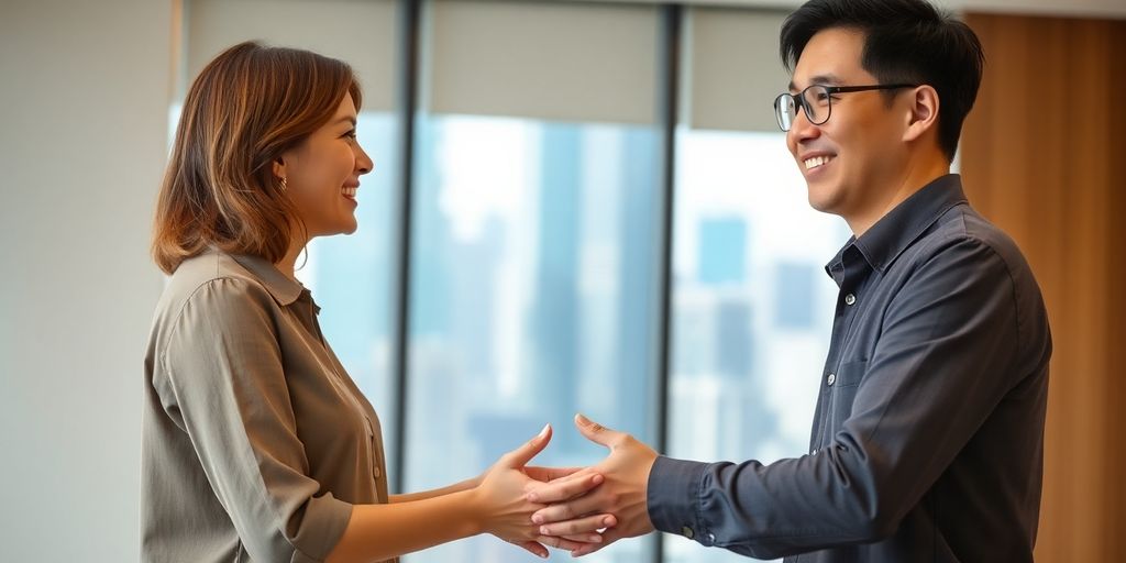 Two people greeting each other politely.