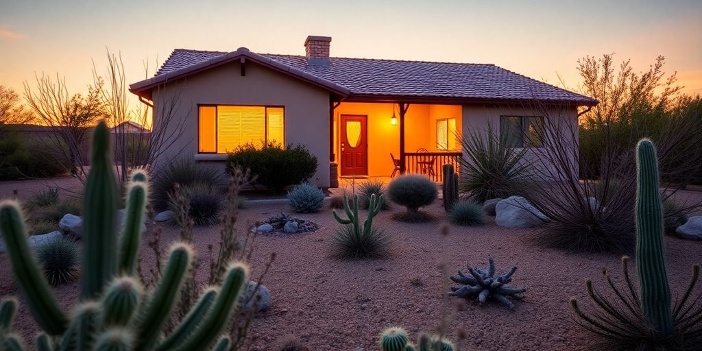 Cozy Arizona home amidst desert landscape at sunset.