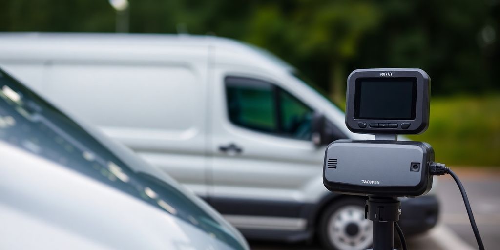 Silver van parked beside a modern tachograph device.