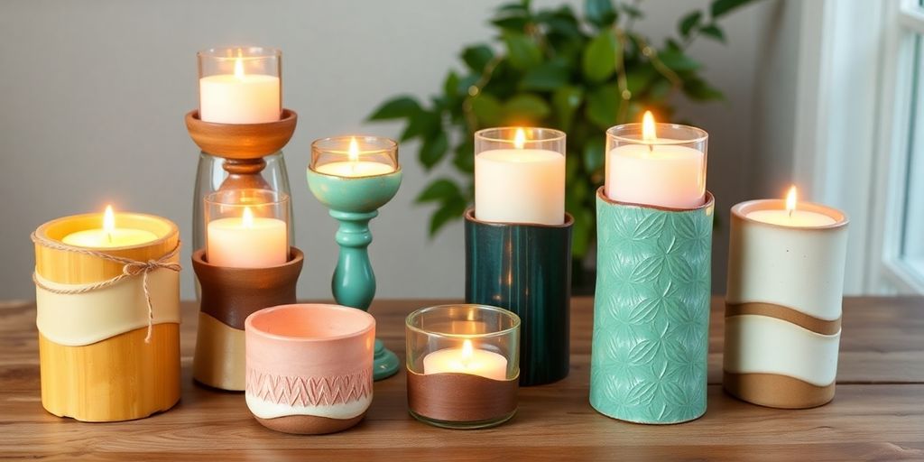 Handmade candle holder set with flickering candles on table.