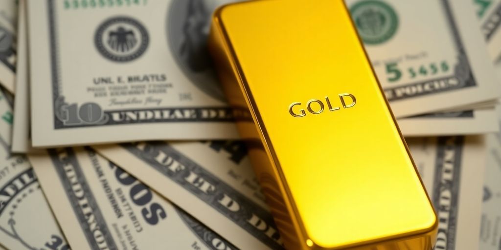 Barre d'or et billets en dollars américains.