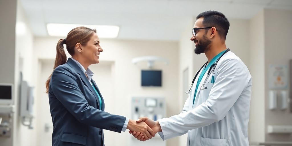 Doctor and recruiter shaking hands.