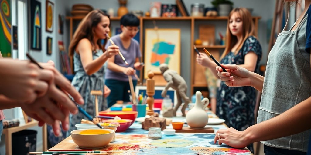 People creating art together in a bright studio.