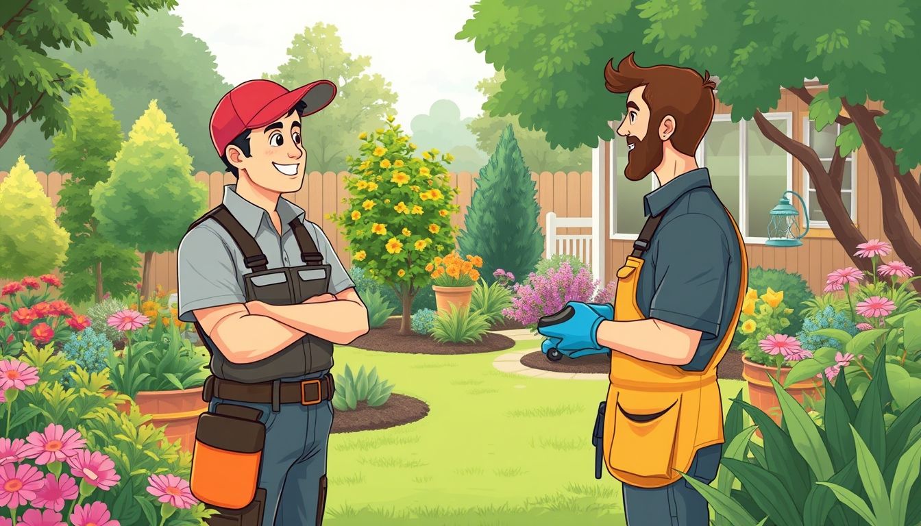 Yard service professional talking to homeowner