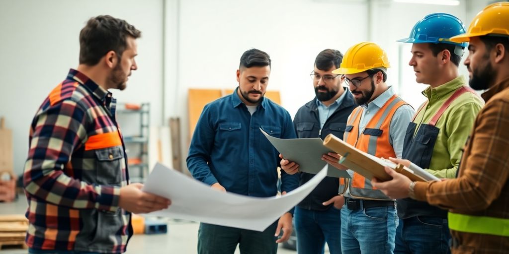 Diverse contractors collaborating in a modern workspace.