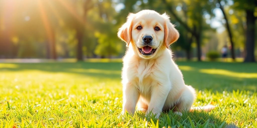 Happy puppy learning commands in a park.