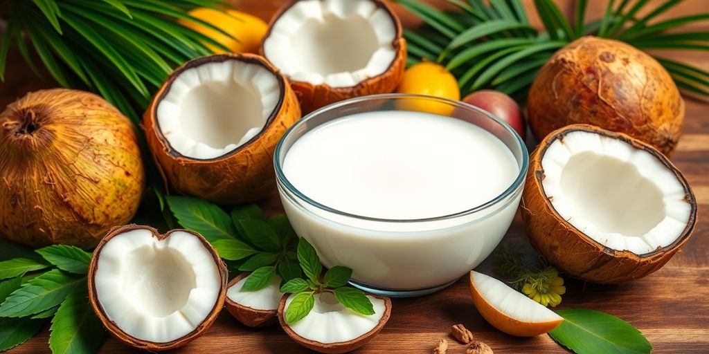 Bowl of coconut milk with coconuts and fruits around it.