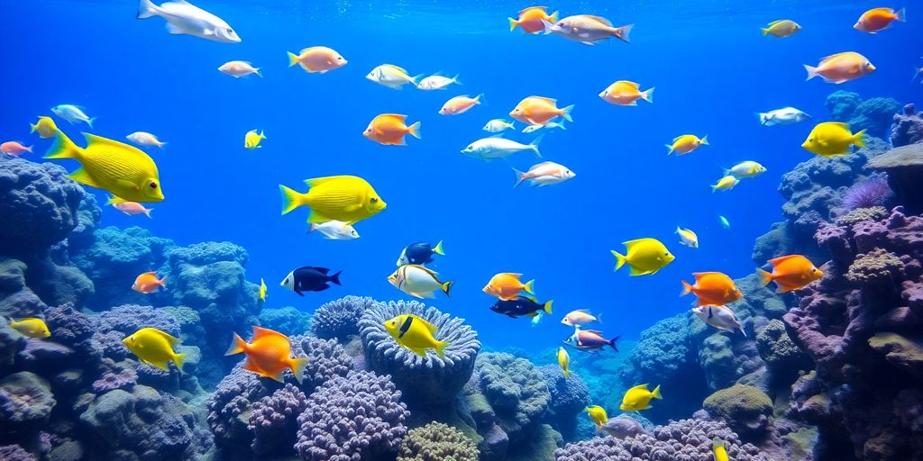 色彩斑斓的海洋鱼在珊瑚礁中游泳。