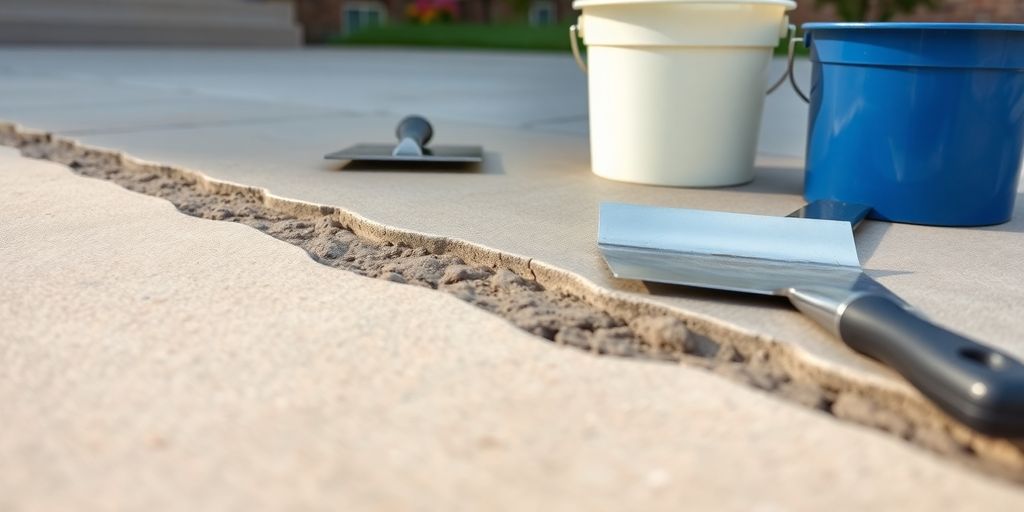 Freshly repaired concrete with tools in a residential area.