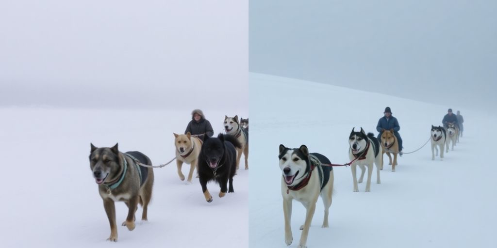 Split image of historical dog sled race and movie scene.