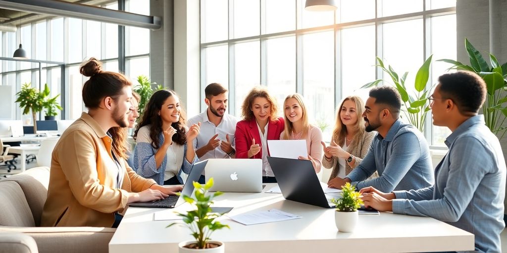 Diverse professionals collaborating in a modern office.