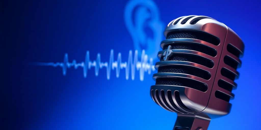 Microphone, sound waves, and a stylized human ear.