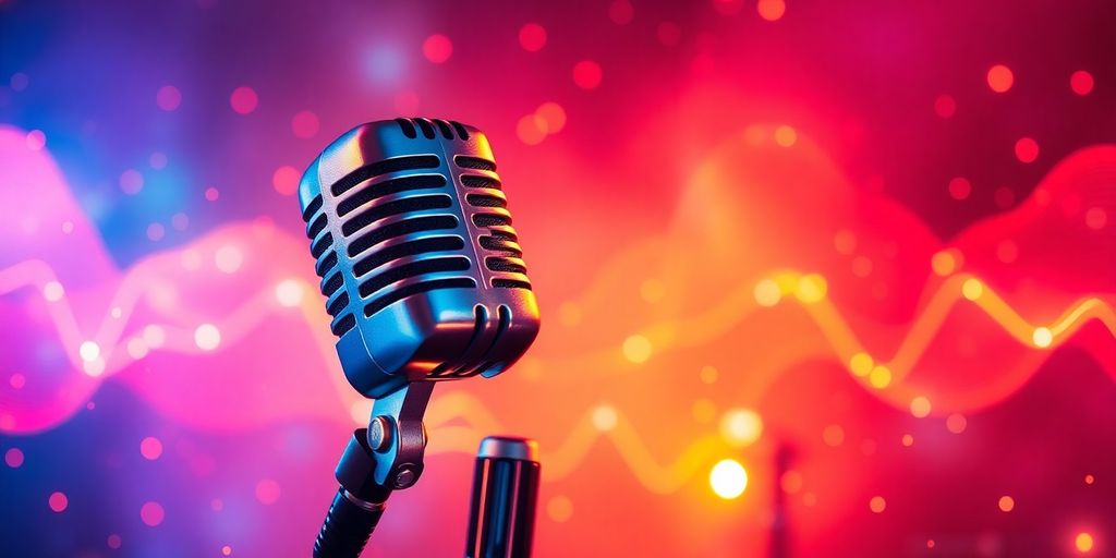 Vibrant podcast microphones with glowing sound waves.