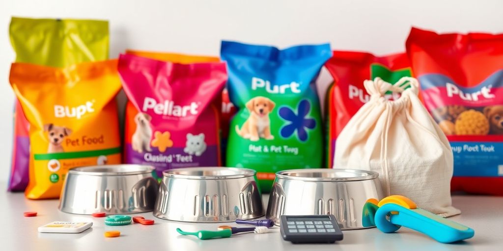 Pet food bags, bowls, and smart shopping items.