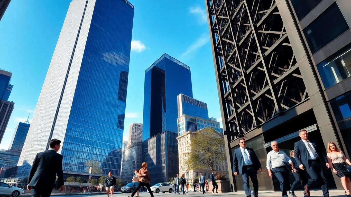 Two contrasting skyscrapers with business people walking nearby.